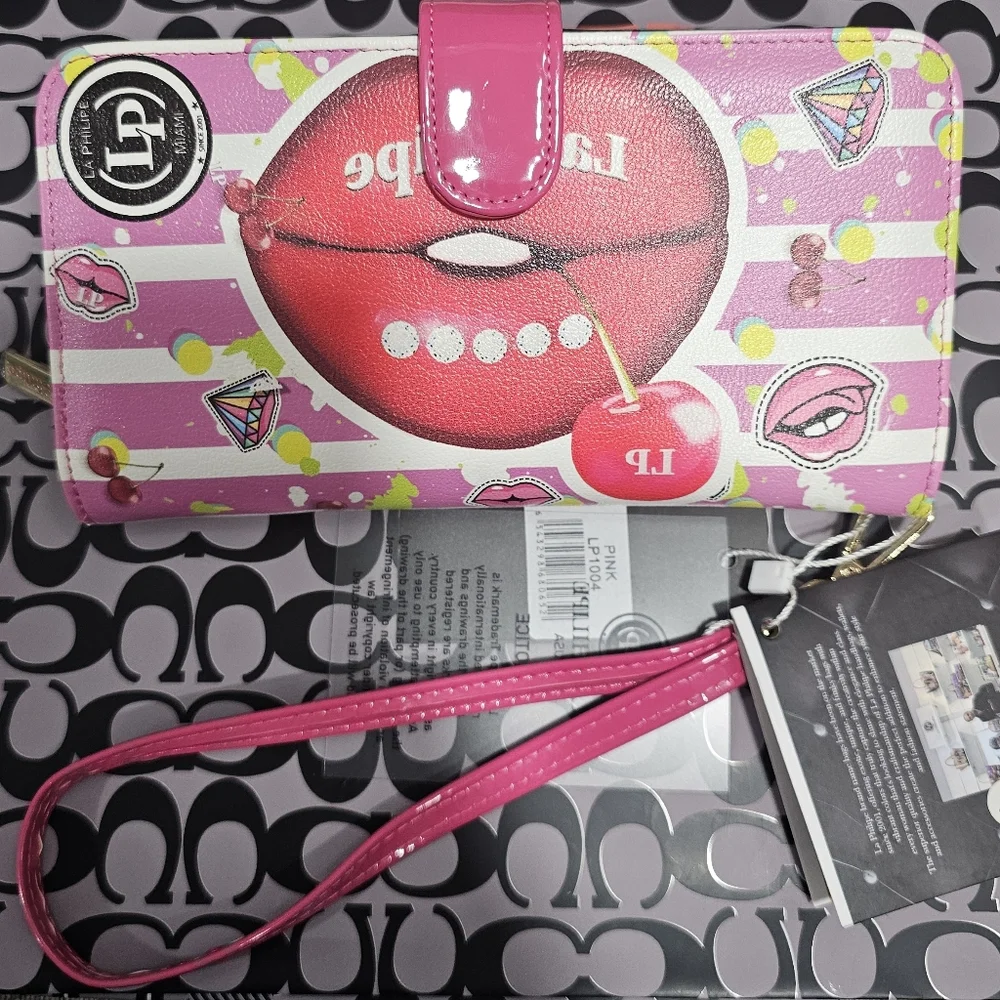 La Philipe Miami Pink Pop Art Lips Cherry Wristlet Wallet LP1004 NIB‎